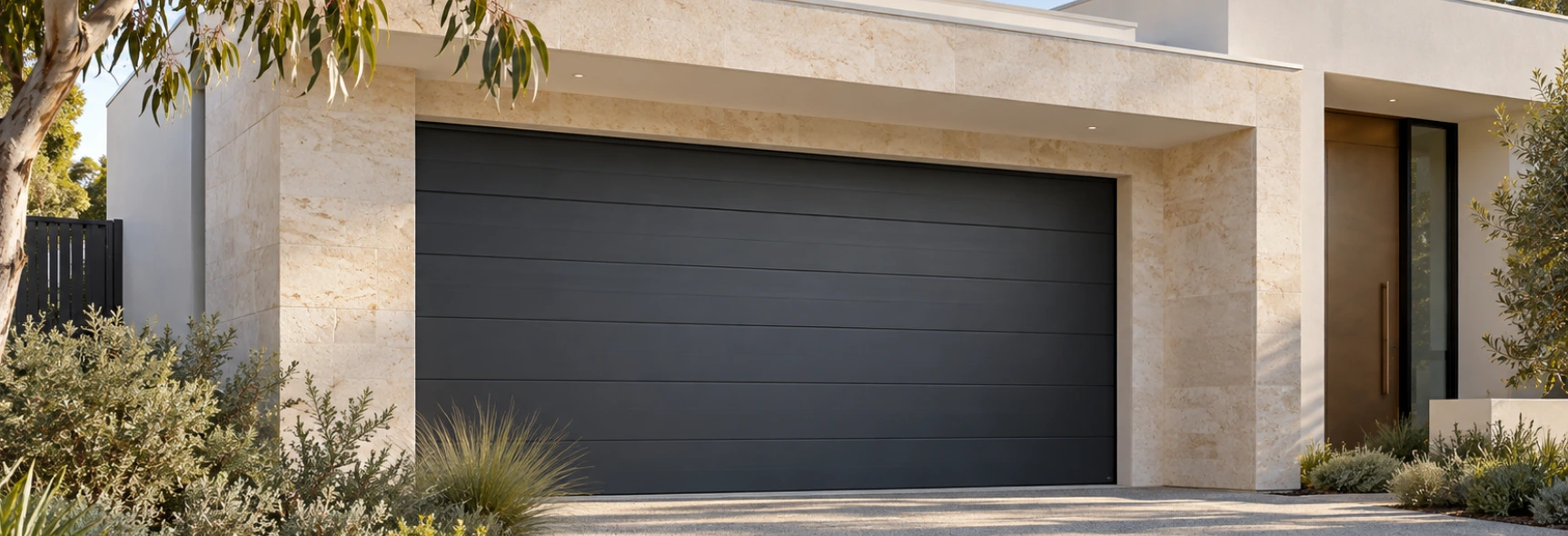 Contemporary charcoal sectional garage door in a pale stone frontage
